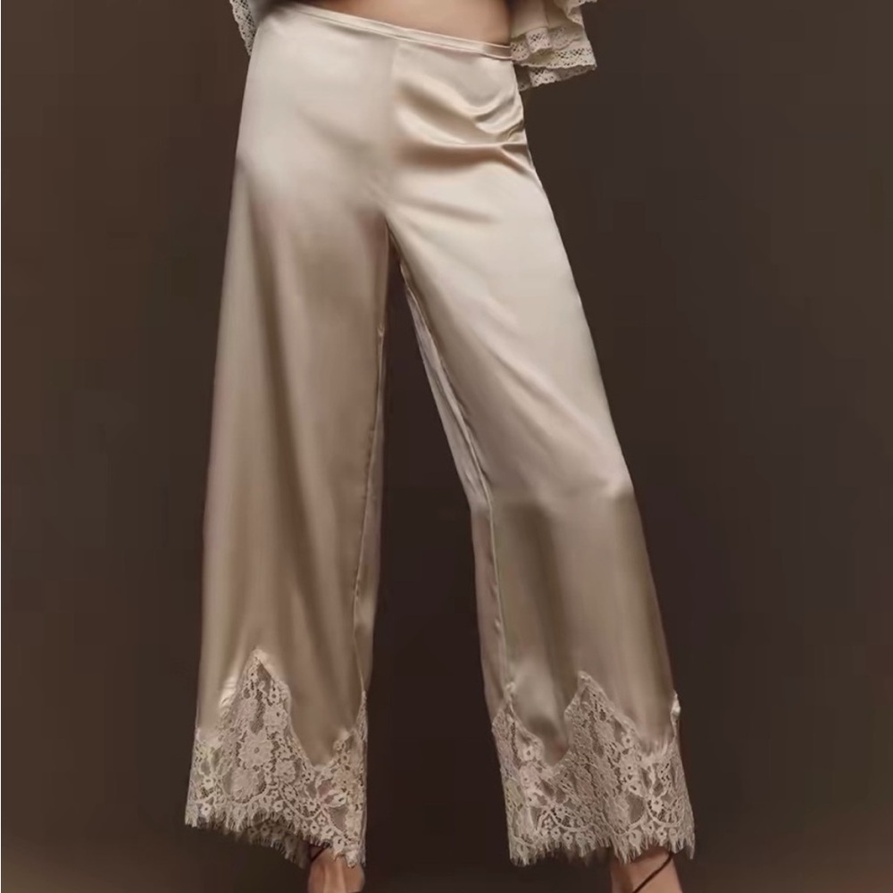 Reformation Cream Satin Wide-Leg Lace Trim Pants size M - Picture 1 of 2